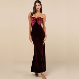 Lulus Dramatic Stunner Burgundy Velvet Bow Strapless Maxi Dress